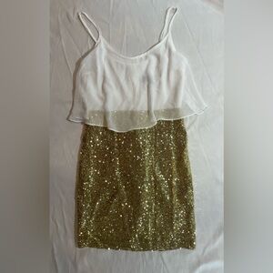 B DARLIN Gold Sequin Party Dress Blouse Chiffon Top Juniors 9/10 Homecoming